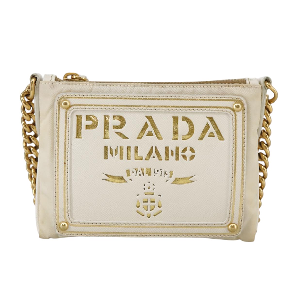 PRADA Chain Shoulder Bag Nylon White Gold Auth 101901