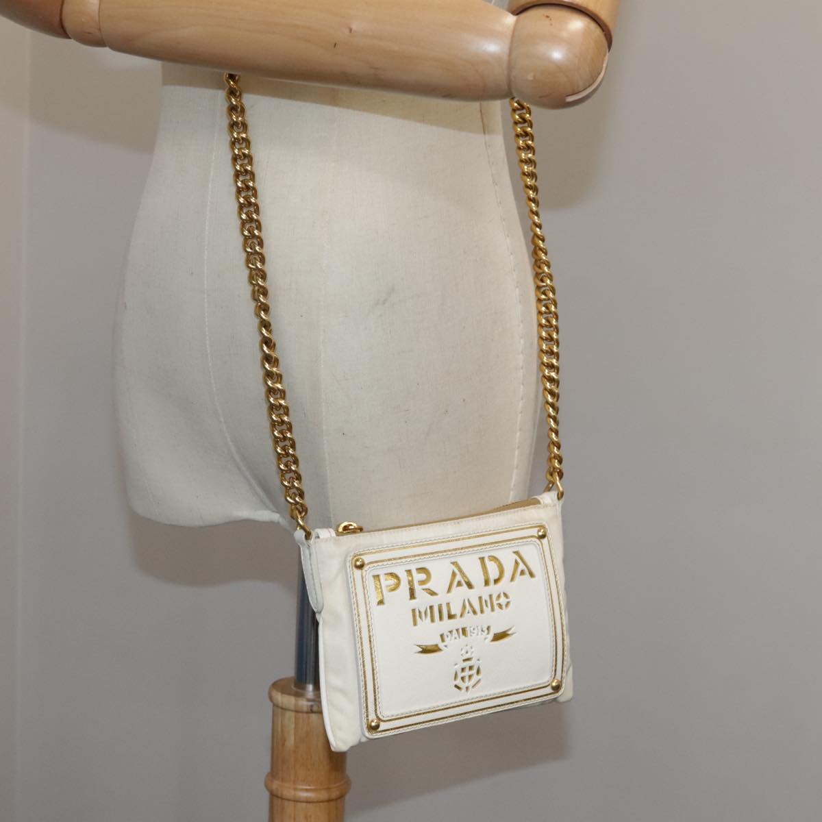 PRADA Chain Shoulder Bag Nylon White Gold Auth 101901