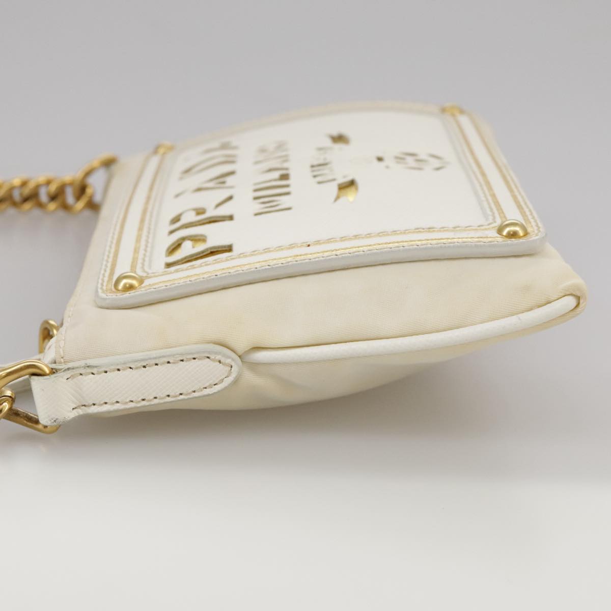 PRADA Chain Shoulder Bag Nylon White Gold Auth 101901