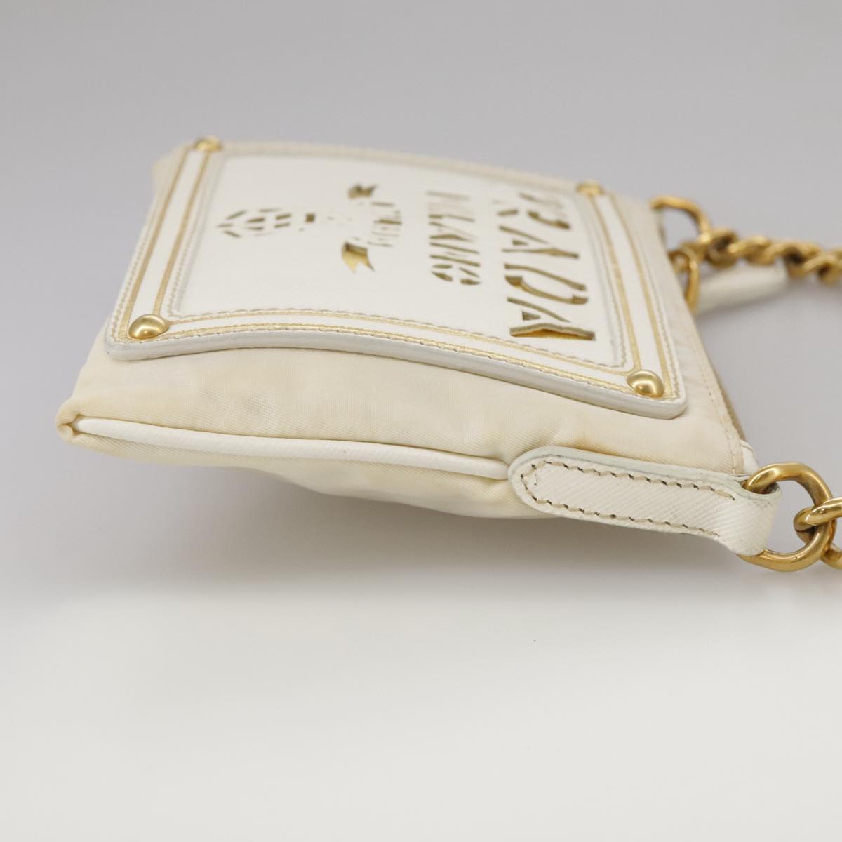 PRADA Chain Shoulder Bag Nylon White Gold Auth 101901
