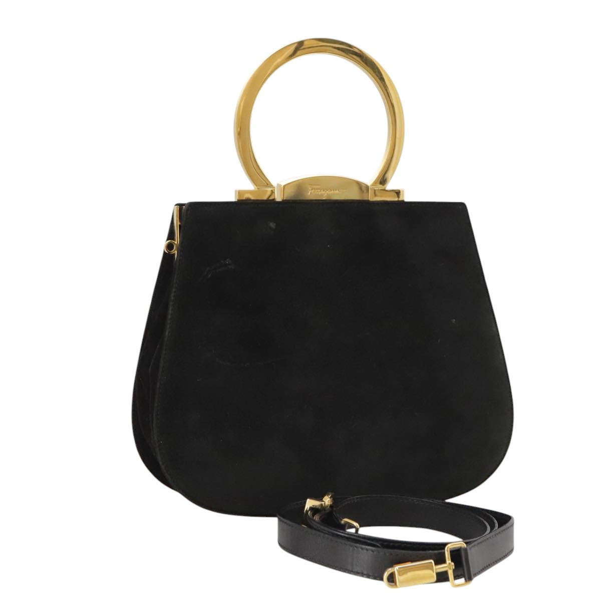Salvatore Ferragamo Gancini Hand Bag Suede 2way Black Gold Auth 101932