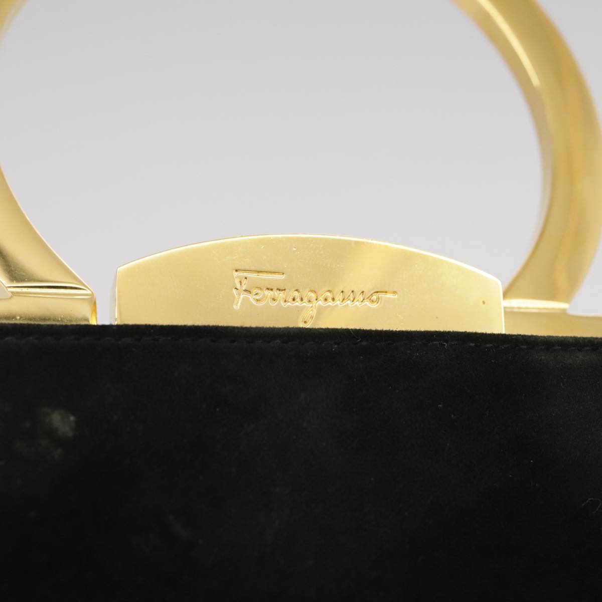 Salvatore Ferragamo Gancini Hand Bag Suede 2way Black Gold Auth 101932