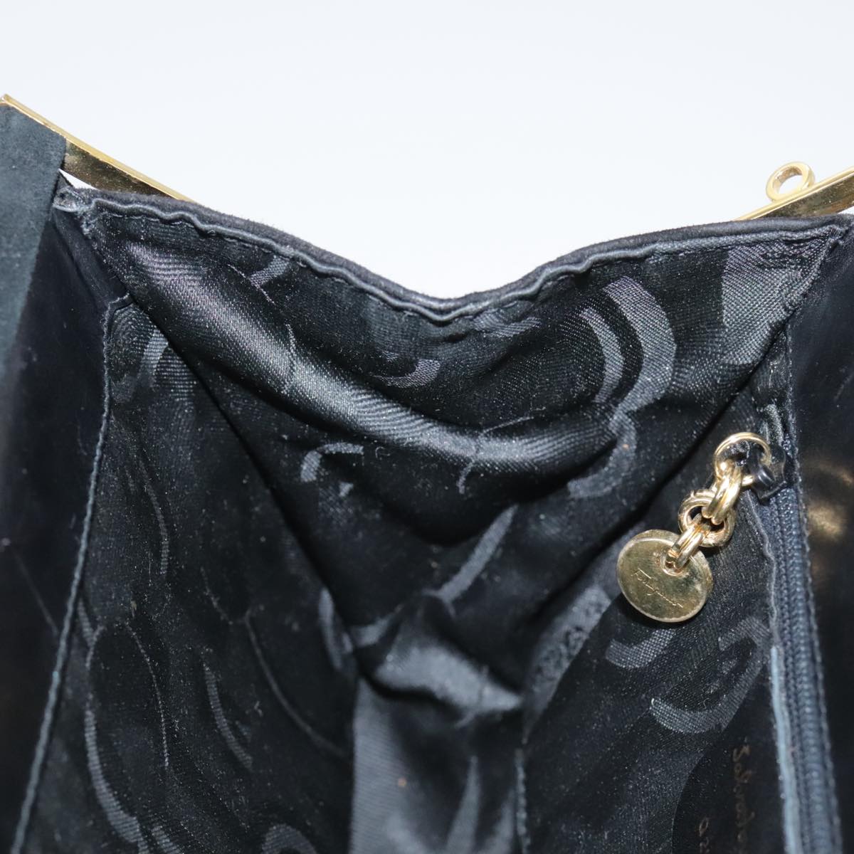 Salvatore Ferragamo Gancini Hand Bag Suede 2way Black Gold Auth 101932