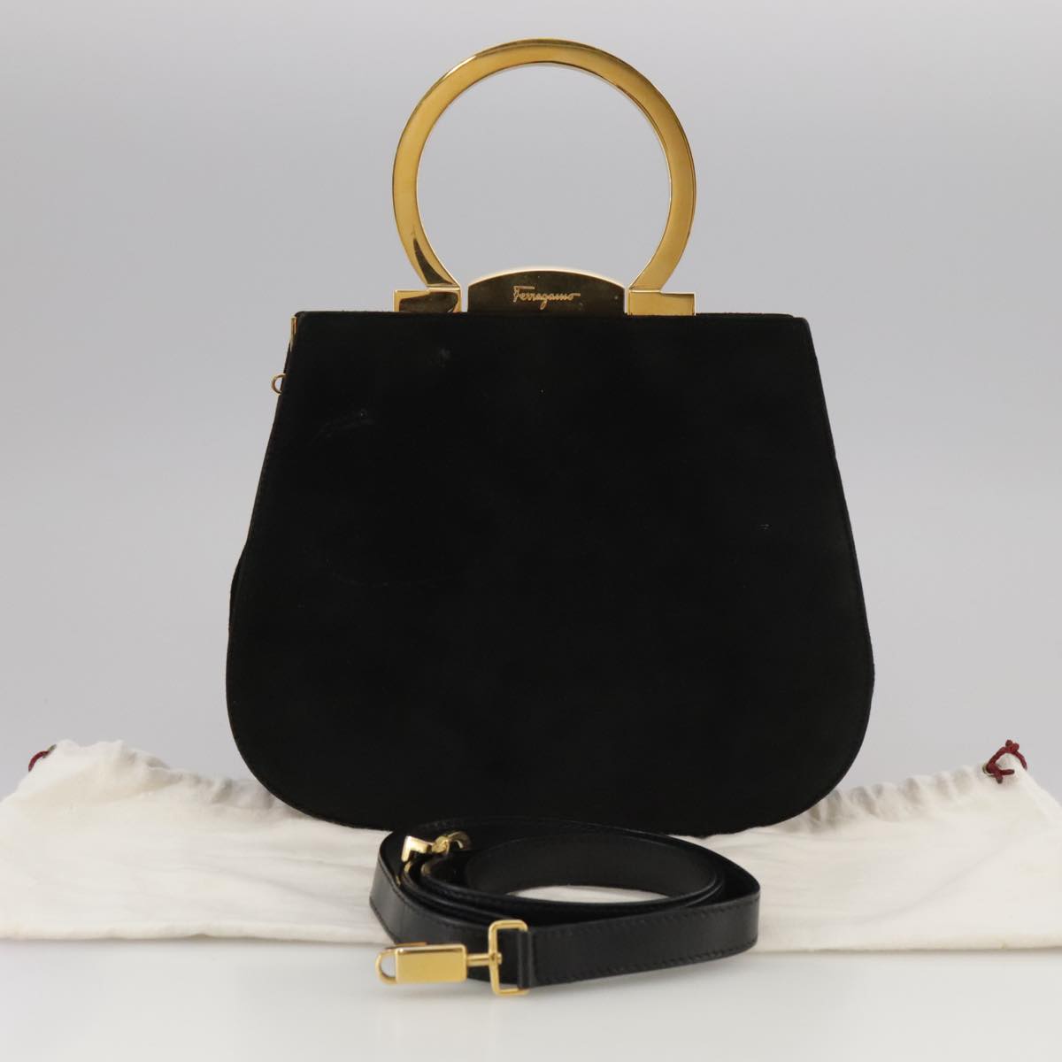Salvatore Ferragamo Gancini Hand Bag Suede 2way Black Gold Auth 101932