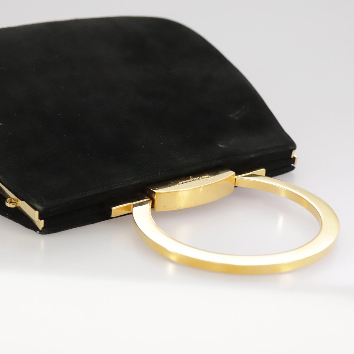 Salvatore Ferragamo Gancini Hand Bag Suede 2way Black Gold Auth 101932