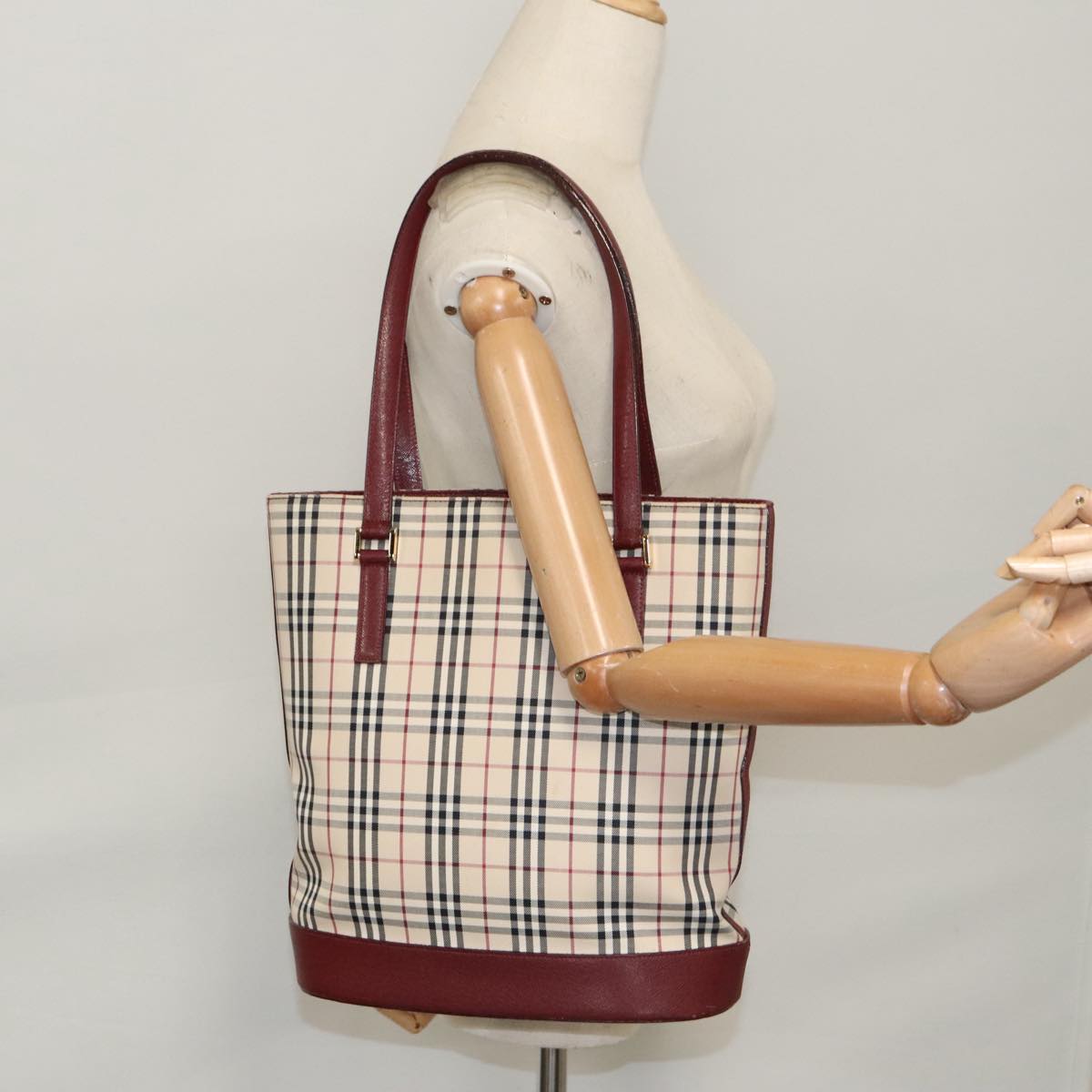 BURBERRY Nova Check Tote Bag Canvas Leather Gold Beige Auth 101946