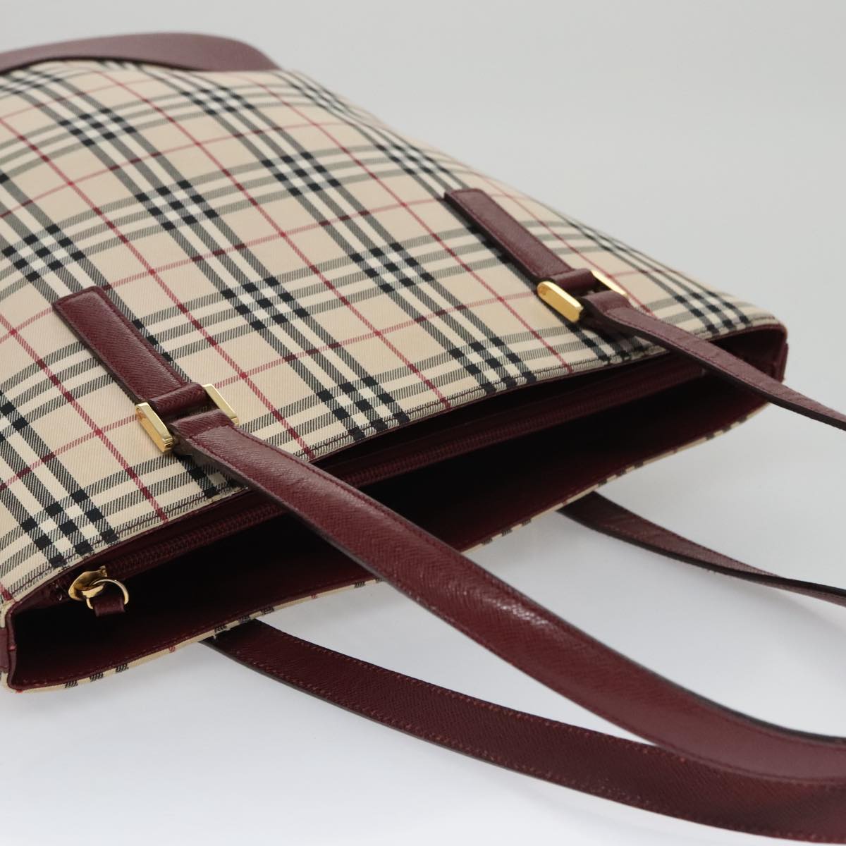 BURBERRY Nova Check Tote Bag Canvas Leather Gold Beige Auth 101946