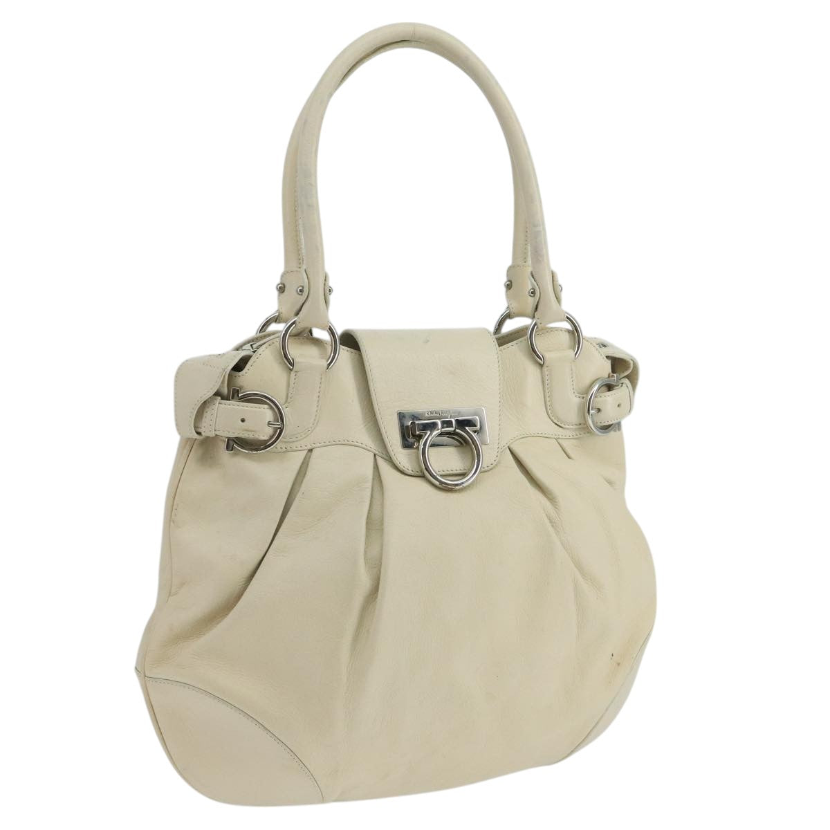 Salvatore Ferragamo Gancini Hand Bag Leather White Silver Auth 101988