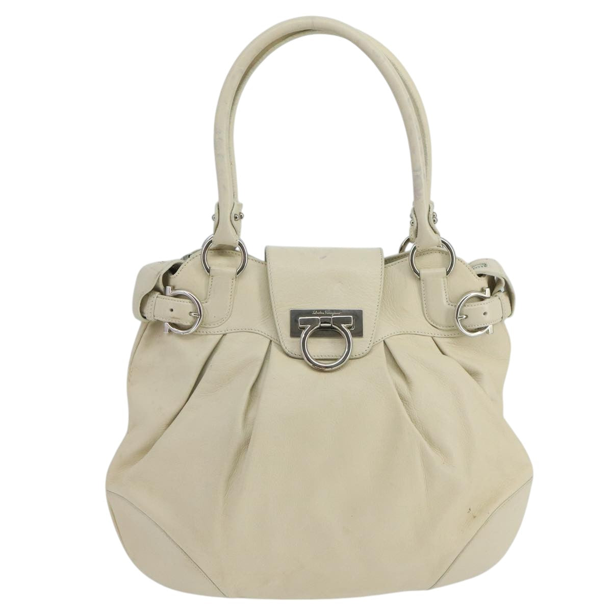 Salvatore Ferragamo Gancini Hand Bag Leather White Silver Auth 101988