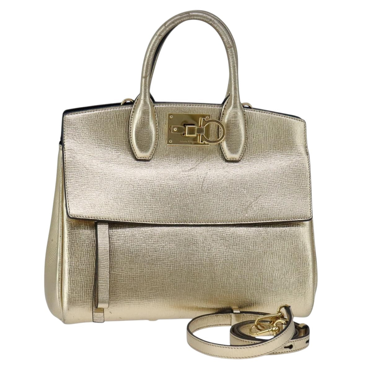 Salvatore Ferragamo Hand Bag Leather 2way Gold Auth 102010