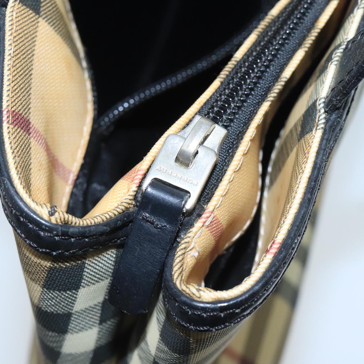 BURBERRY Nova Check Hand Bag Coated Canvas Beige Black Silver Auth 102020