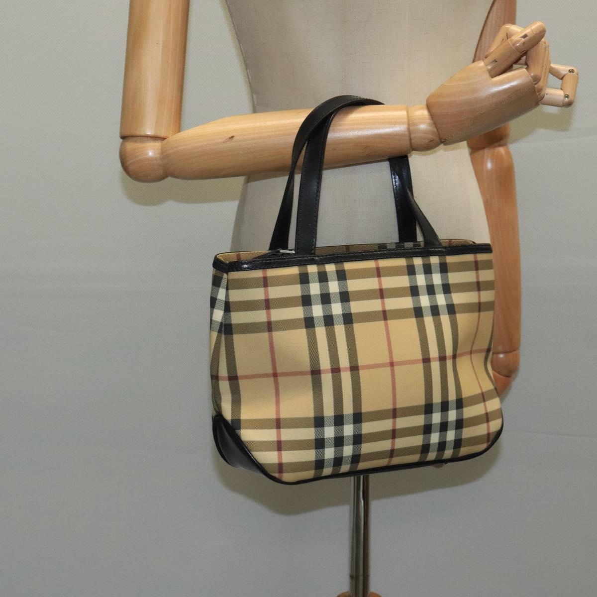 BURBERRY Nova Check Hand Bag Coated Canvas Beige Black Silver Auth 102020