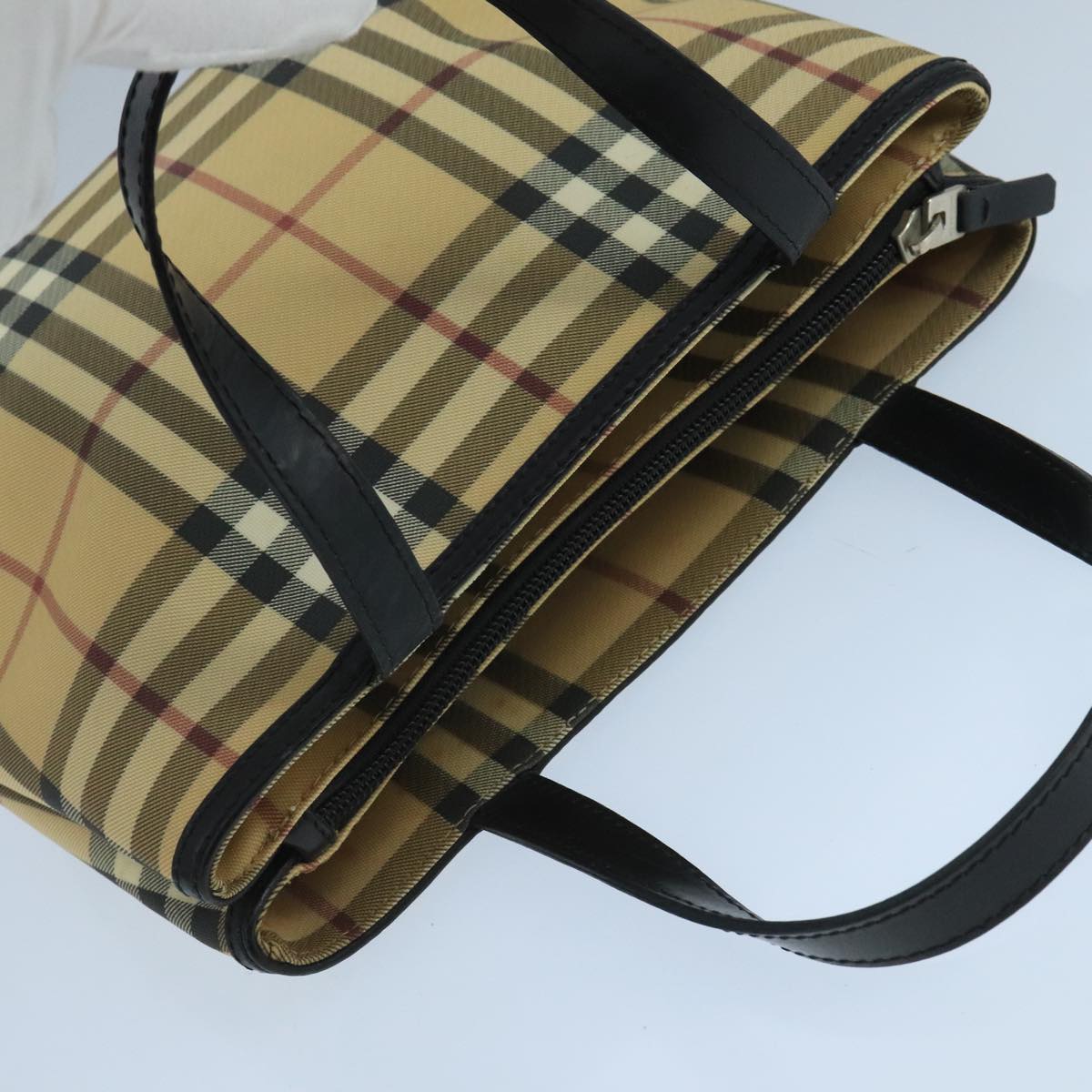 BURBERRY Nova Check Hand Bag Coated Canvas Beige Black Silver Auth 102020