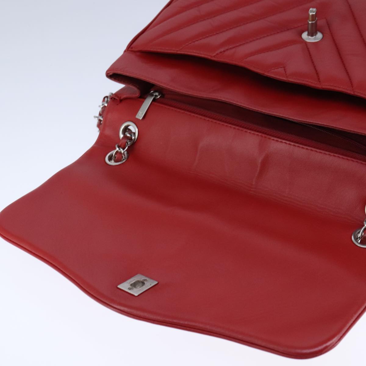 CHANEL V Stitch Chain Shoulder Bag Lamb Skin Red CC Auth 102030SAM