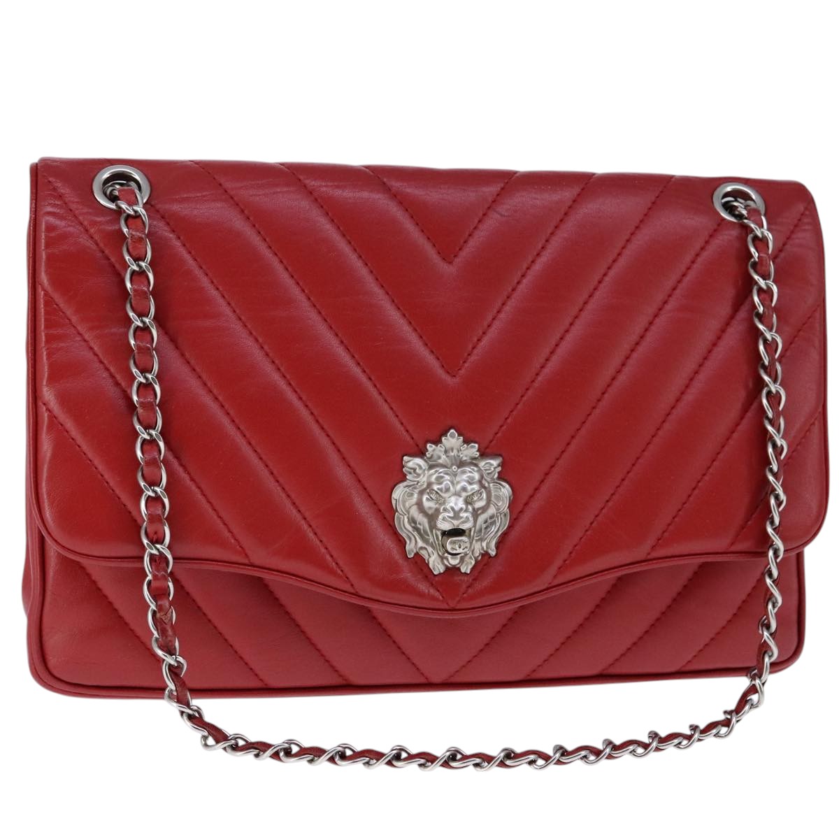 CHANEL V Stitch Chain Shoulder Bag Lamb Skin Red CC Auth 102030SAM