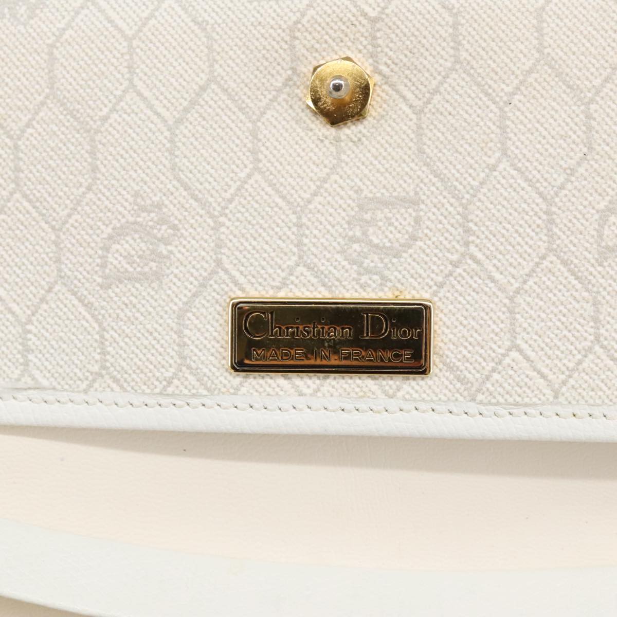 Christian Dior Honeycomb Canvas Chain Shoulder Bag PVC White Gold Auth 102058