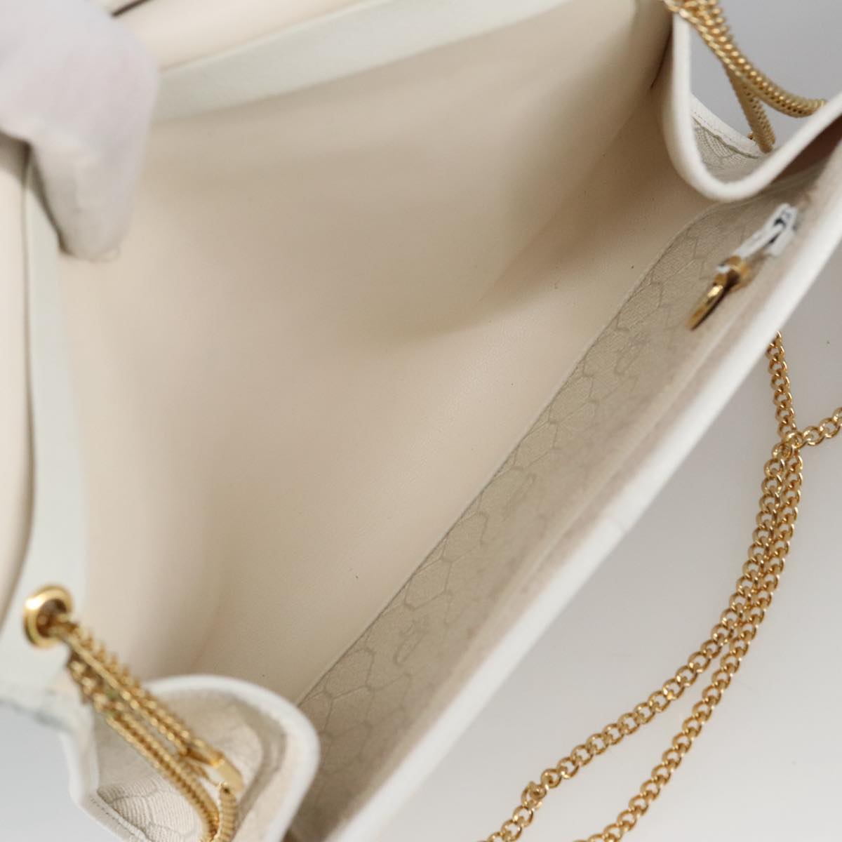 Christian Dior Honeycomb Canvas Chain Shoulder Bag PVC White Gold Auth 102058