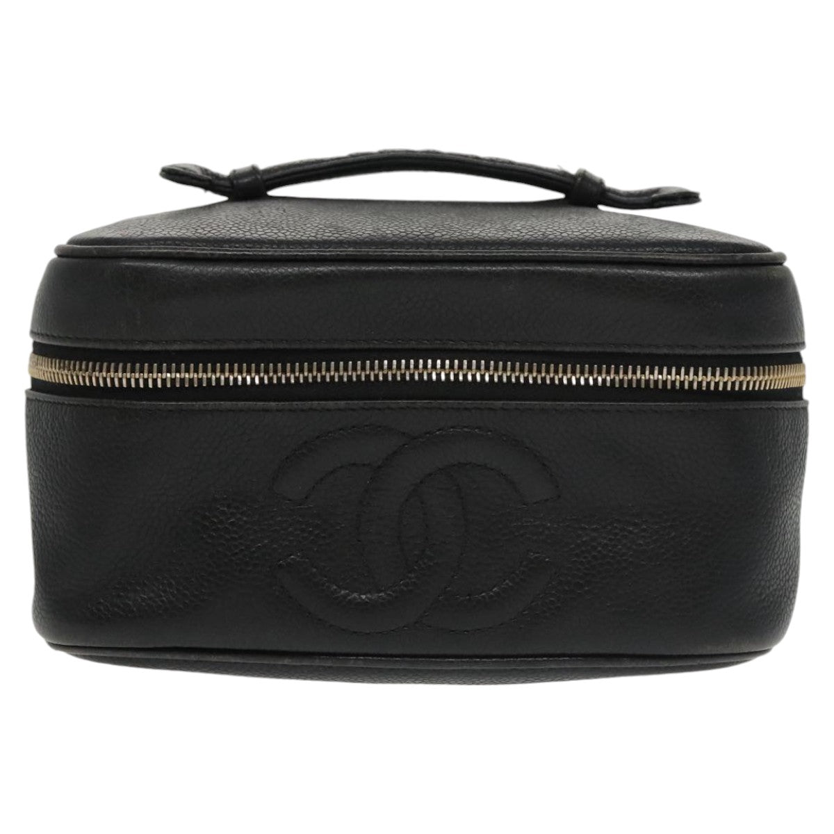 CHANEL Vanity COCO Mark Cosmetic Pouch Caviar Skin Black Gold CC Auth 102073