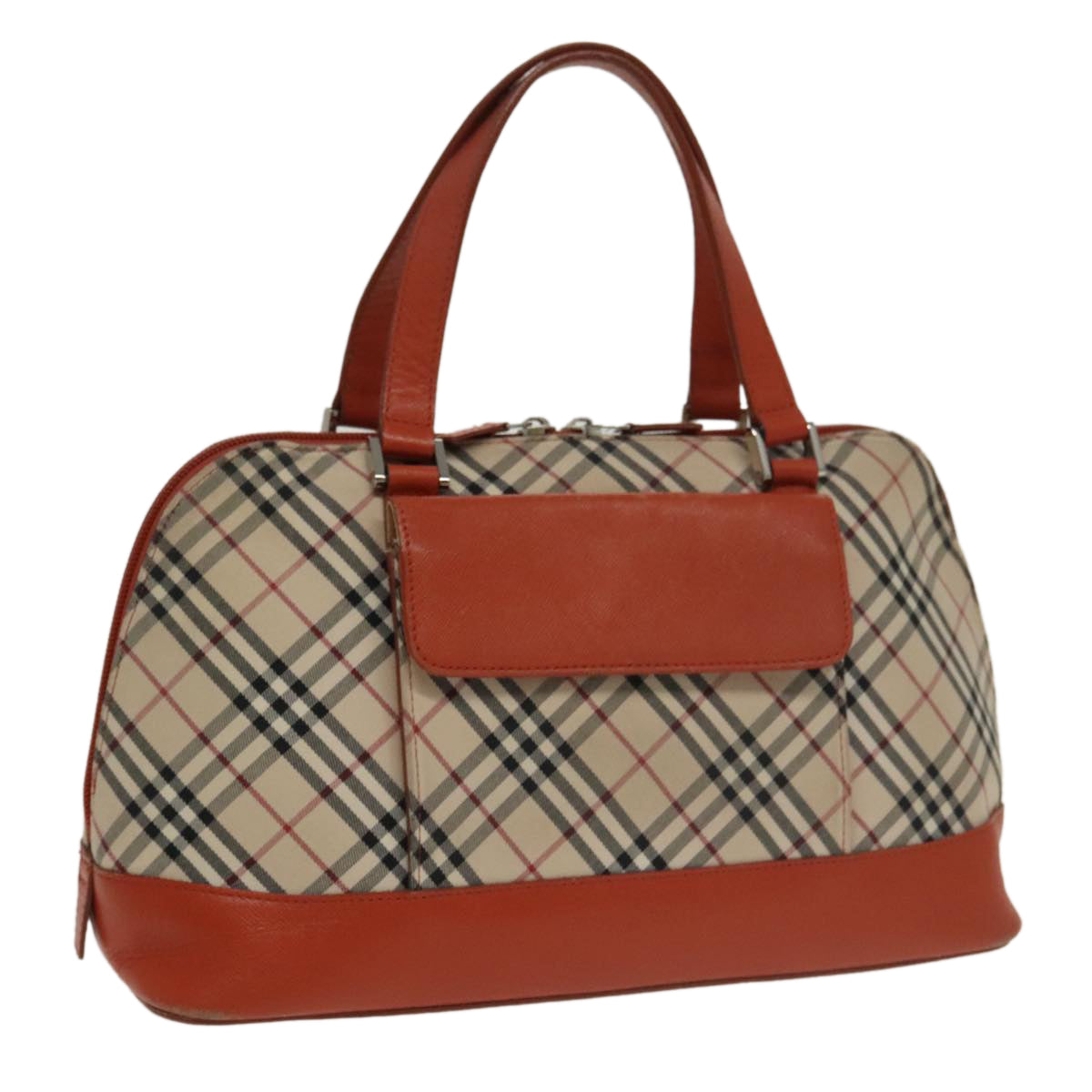 BURBERRY Nova Check Hand Bag Canvas Beige Orange Silver Auth 102116