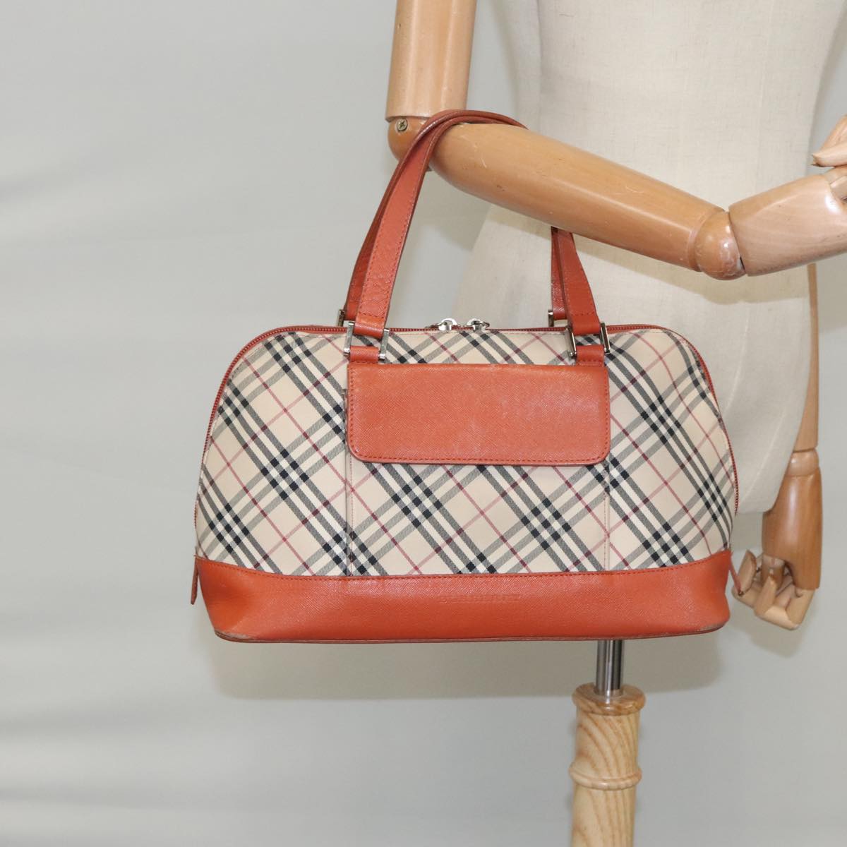 BURBERRY Nova Check Hand Bag Canvas Beige Orange Silver Auth 102116