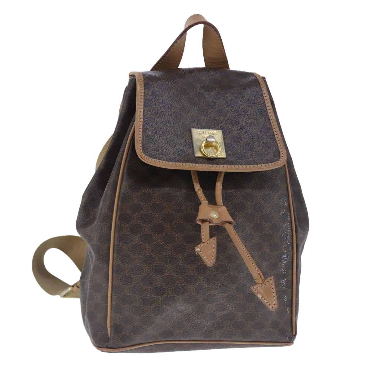 CELINE Macadam Canvas Backpack PVC Leather Brown Gold Auth 102153