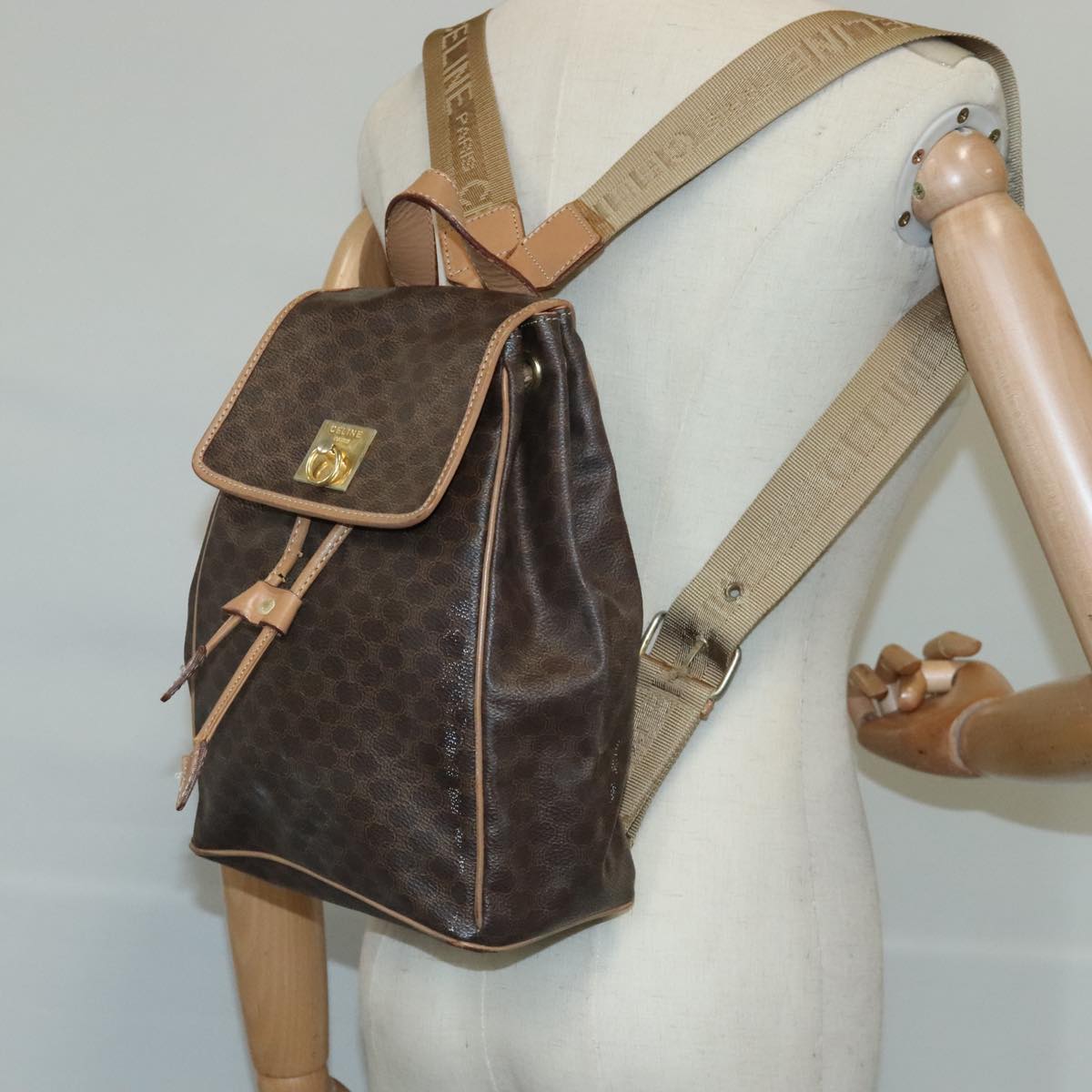 CELINE Macadam Canvas Backpack PVC Leather Brown Gold Auth 102153