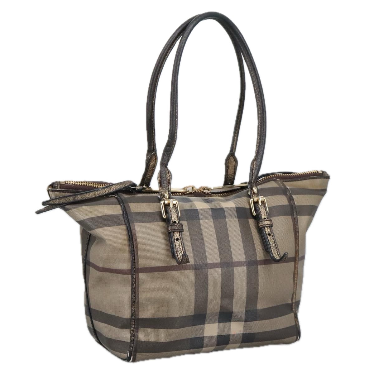 BURBERRY Nova Check Hand Bag PVC Leather Brown Gold Auth 102159