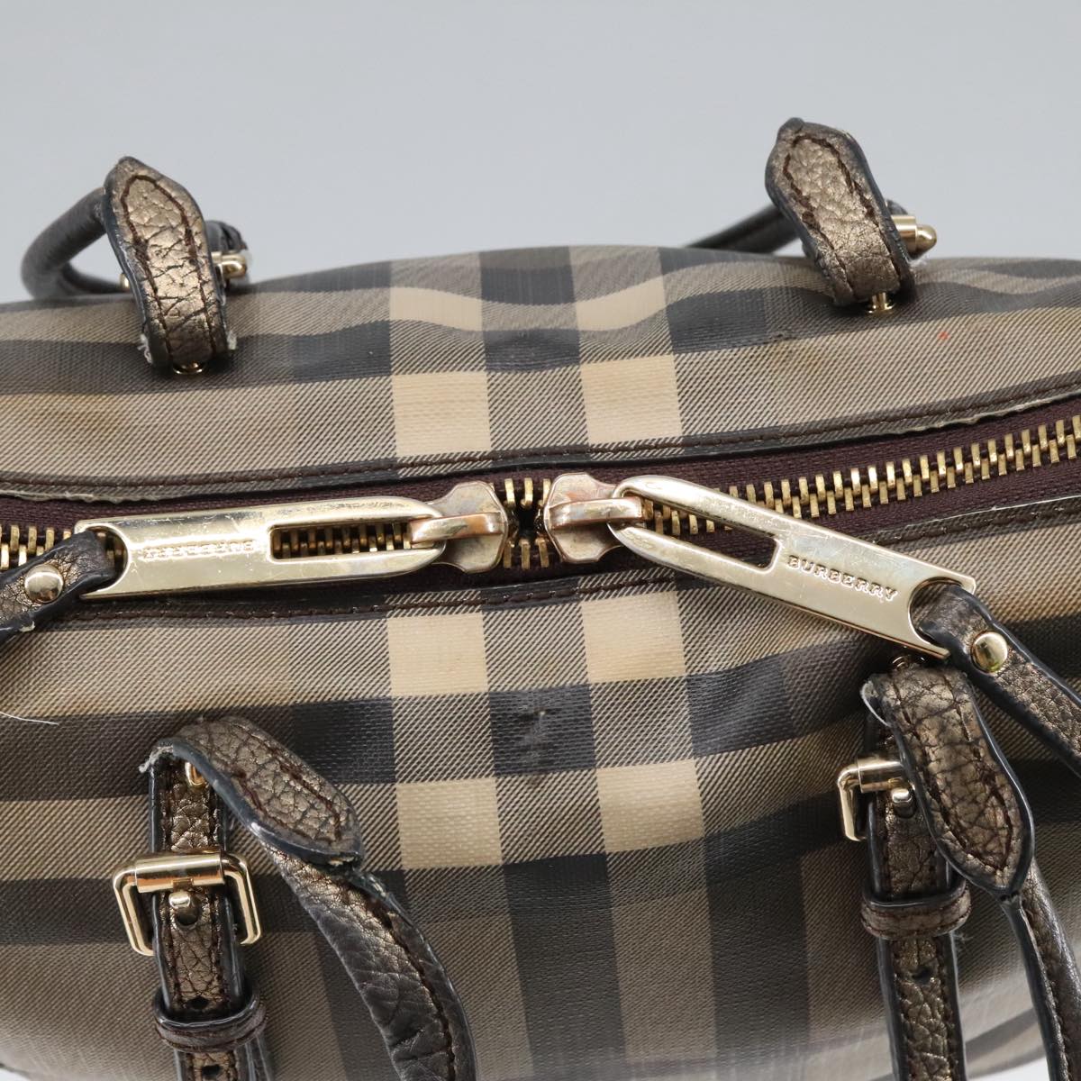 BURBERRY Nova Check Hand Bag PVC Leather Brown Gold Auth 102159