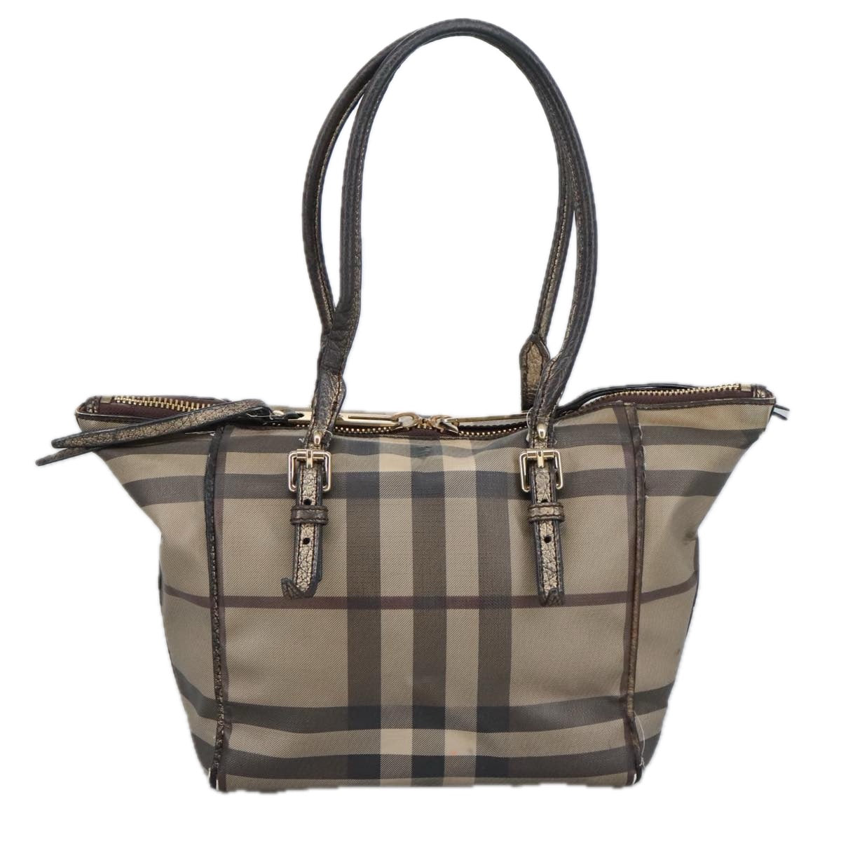 BURBERRY Nova Check Hand Bag PVC Leather Brown Gold Auth 102159