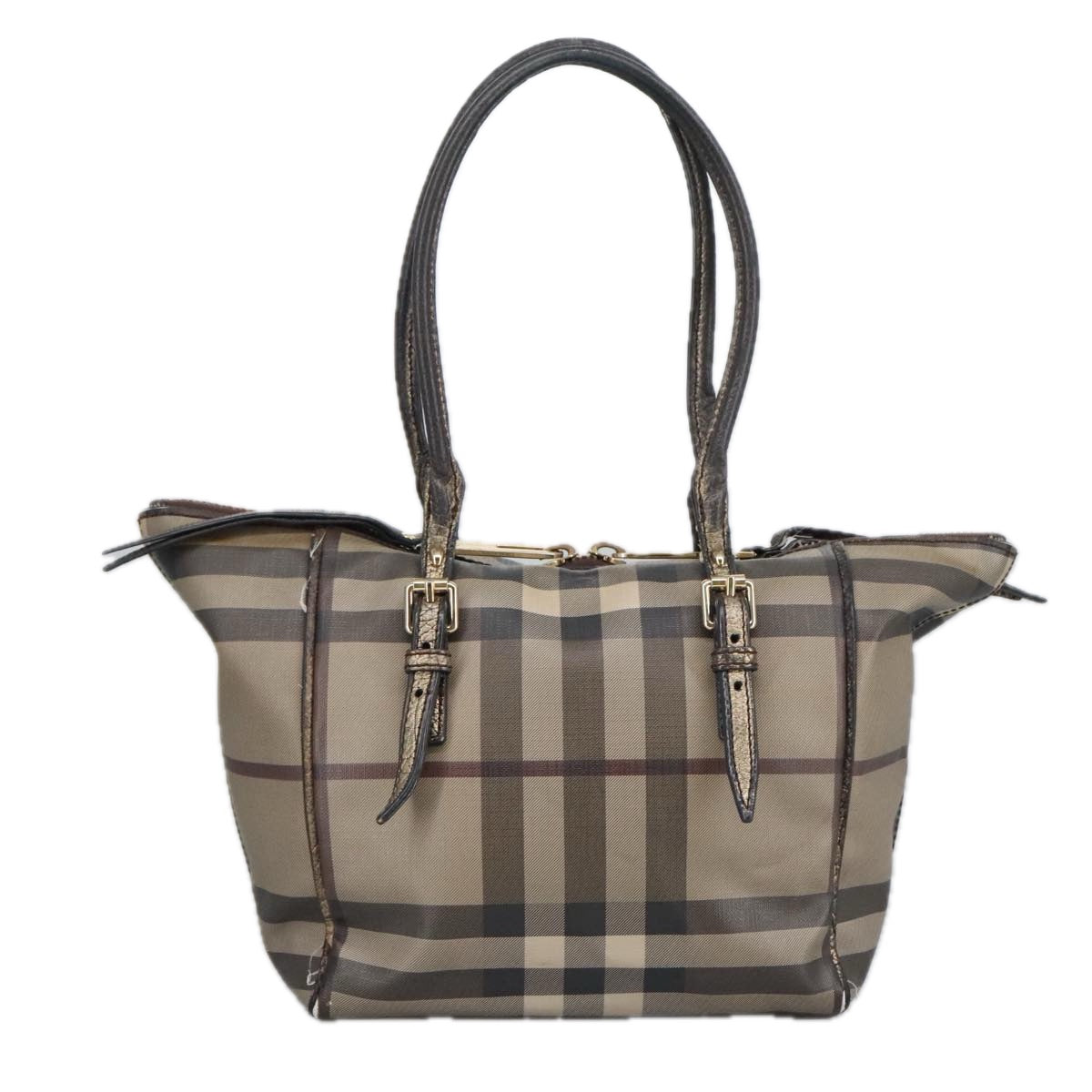 BURBERRY Nova Check Hand Bag PVC Leather Brown Gold Auth 102159