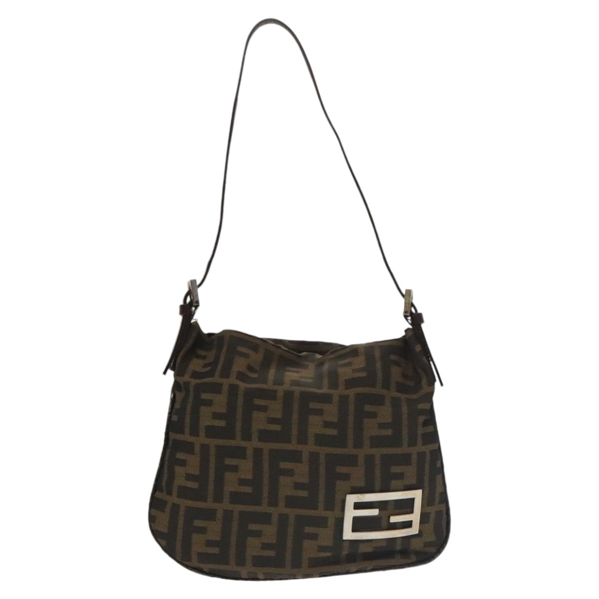 FENDI Zucca Canvas Shoulder Pouch Brown Black Silver Auth 102163