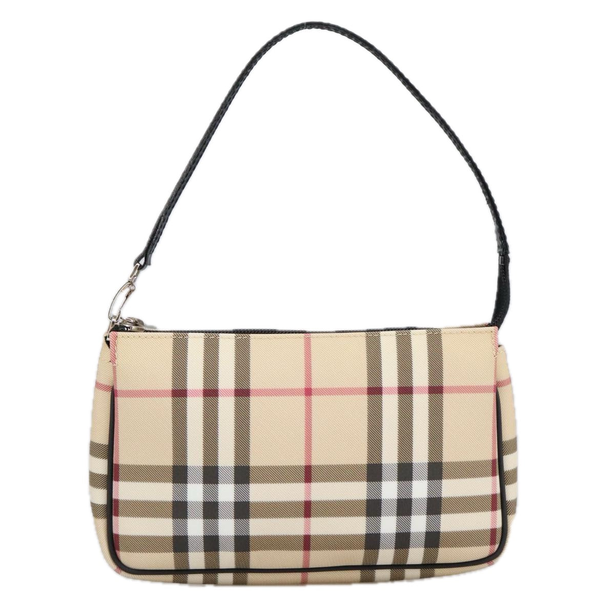 BURBERRY Nova Check Accessory Pouch PVC Beige Silver Auth 102200