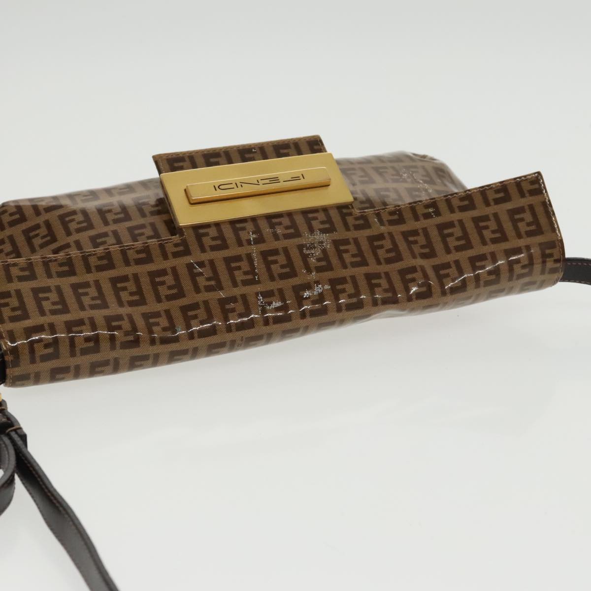 FENDI Zucchino Canvas Shoulder Bag Enamel Brown Gold Auth 102279