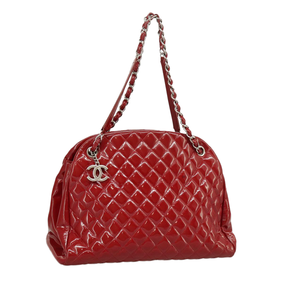 CHANEL Matelasse Chain Shoulder Bag Patent leather Red Silver CC Auth 102320A