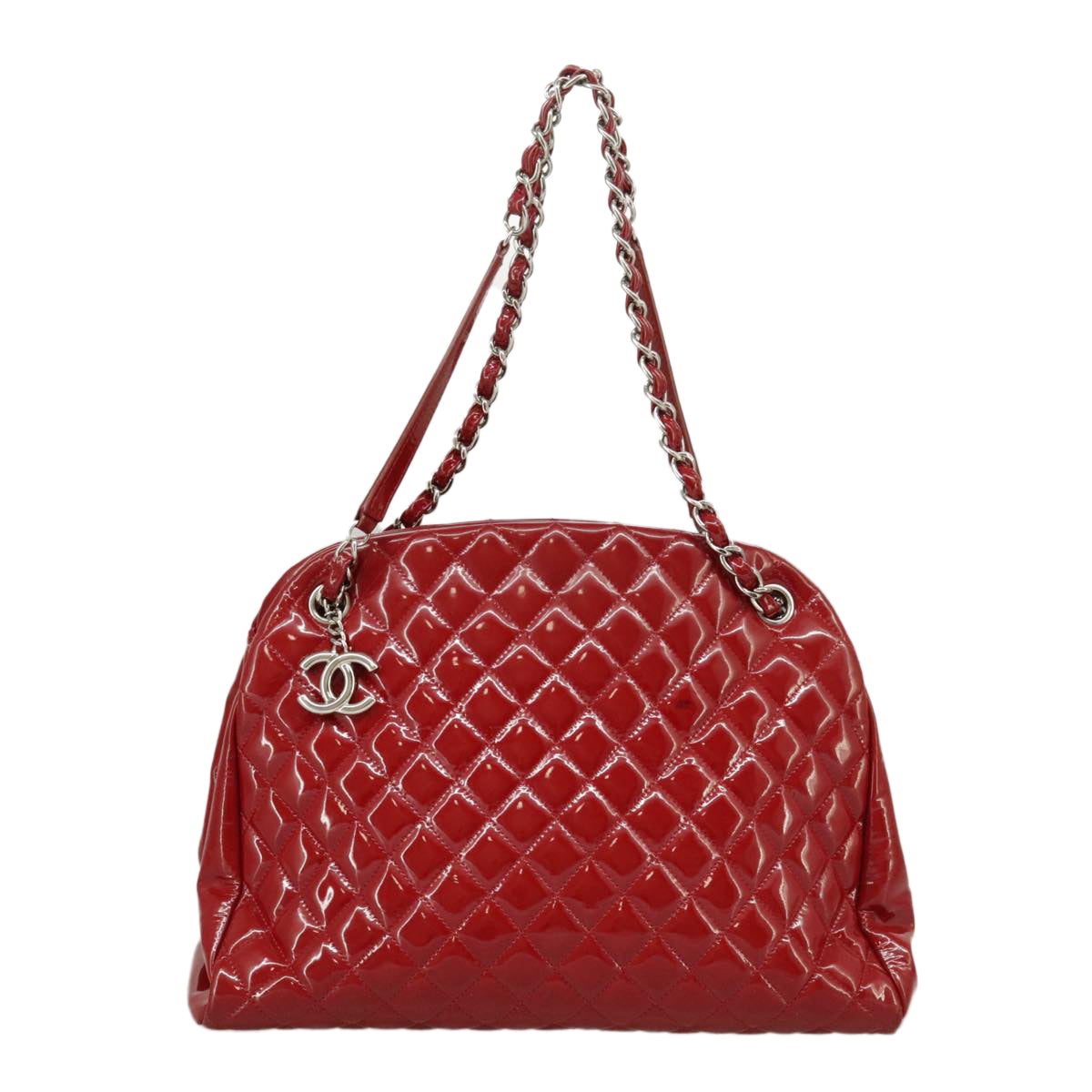 CHANEL Matelasse Chain Shoulder Bag Patent leather Red Silver CC Auth 102320A