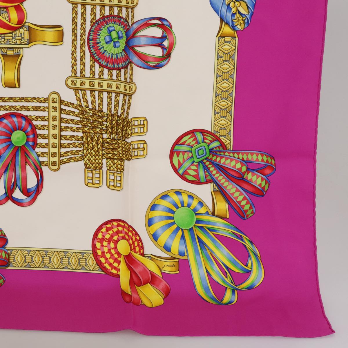 HERMES Carre 90 Scarf ""LES RUBANS DU CHEVAL"" Silk Pink Auth 102322