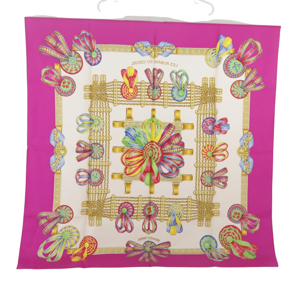 HERMES Carre 90 Scarf ""LES RUBANS DU CHEVAL"" Silk Pink Auth 102322