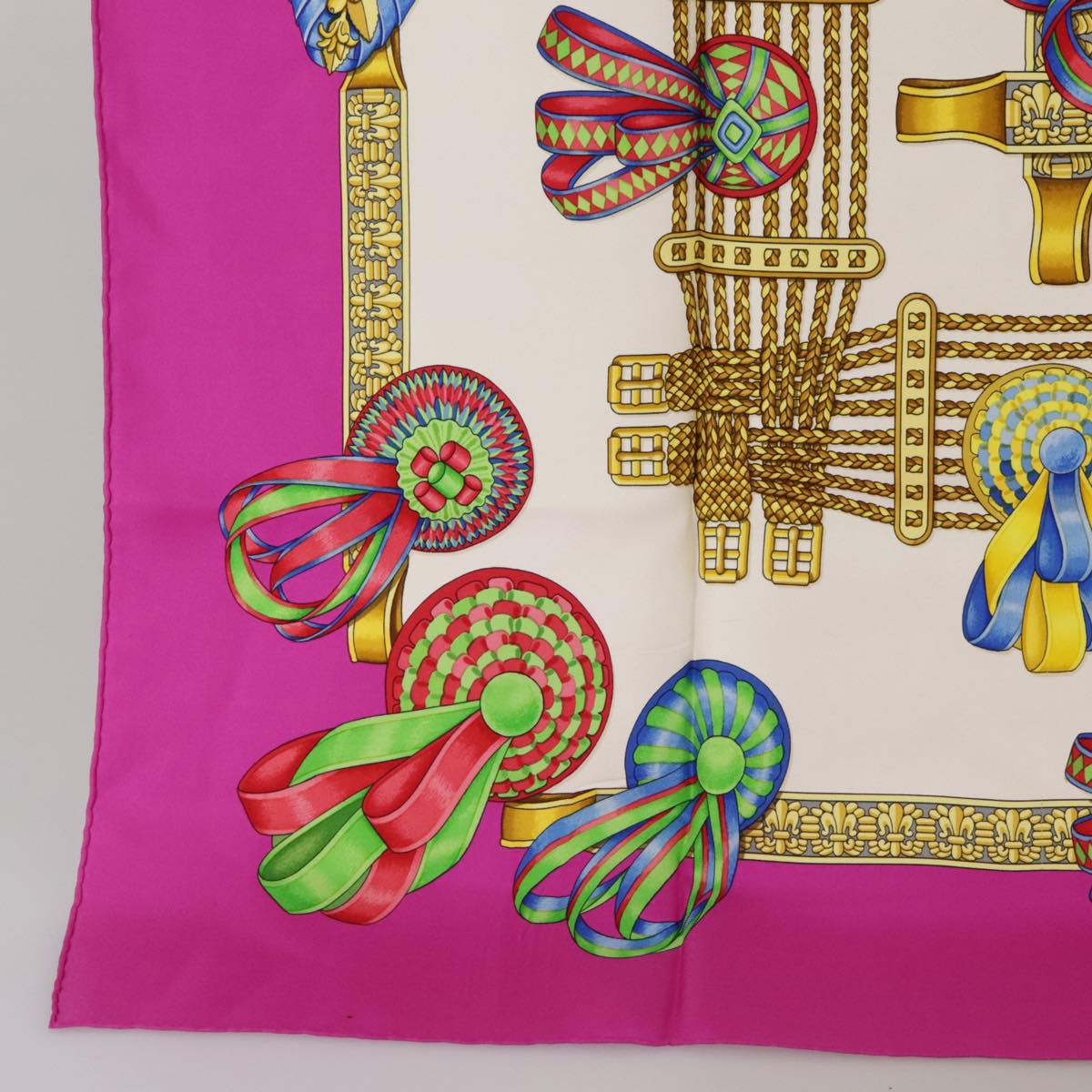 HERMES Carre 90 Scarf ""LES RUBANS DU CHEVAL"" Silk Pink Auth 102322