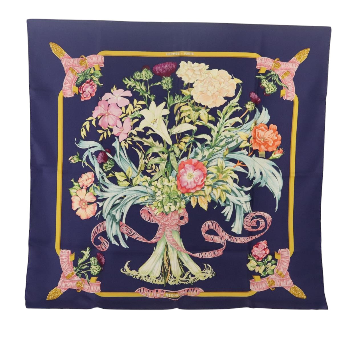 HERMES Carre 90 Scarf ""REGINA"" Silk Navy Auth 102323