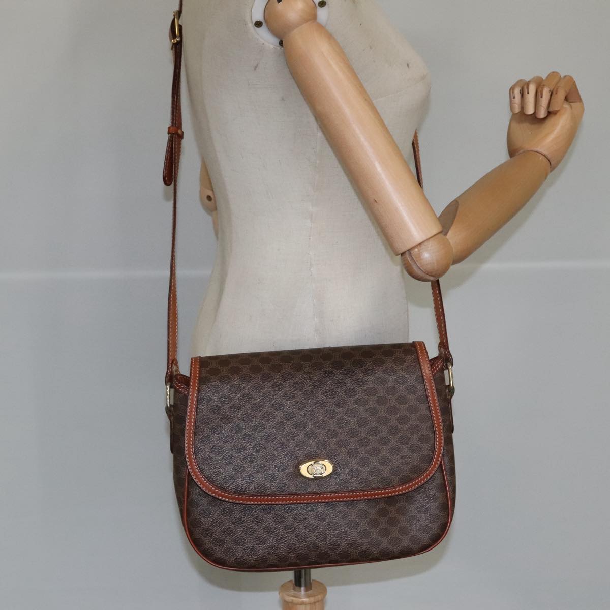 CELINE Macadam Canvas Shoulder Bag PVC Leather Brown Gold Auth 102340