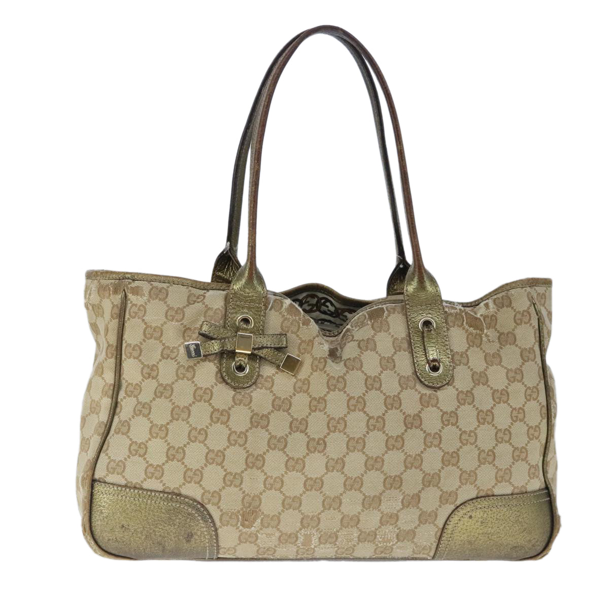 GUCCI GG Canvas Tote Bag Beige Gold Auth 102347