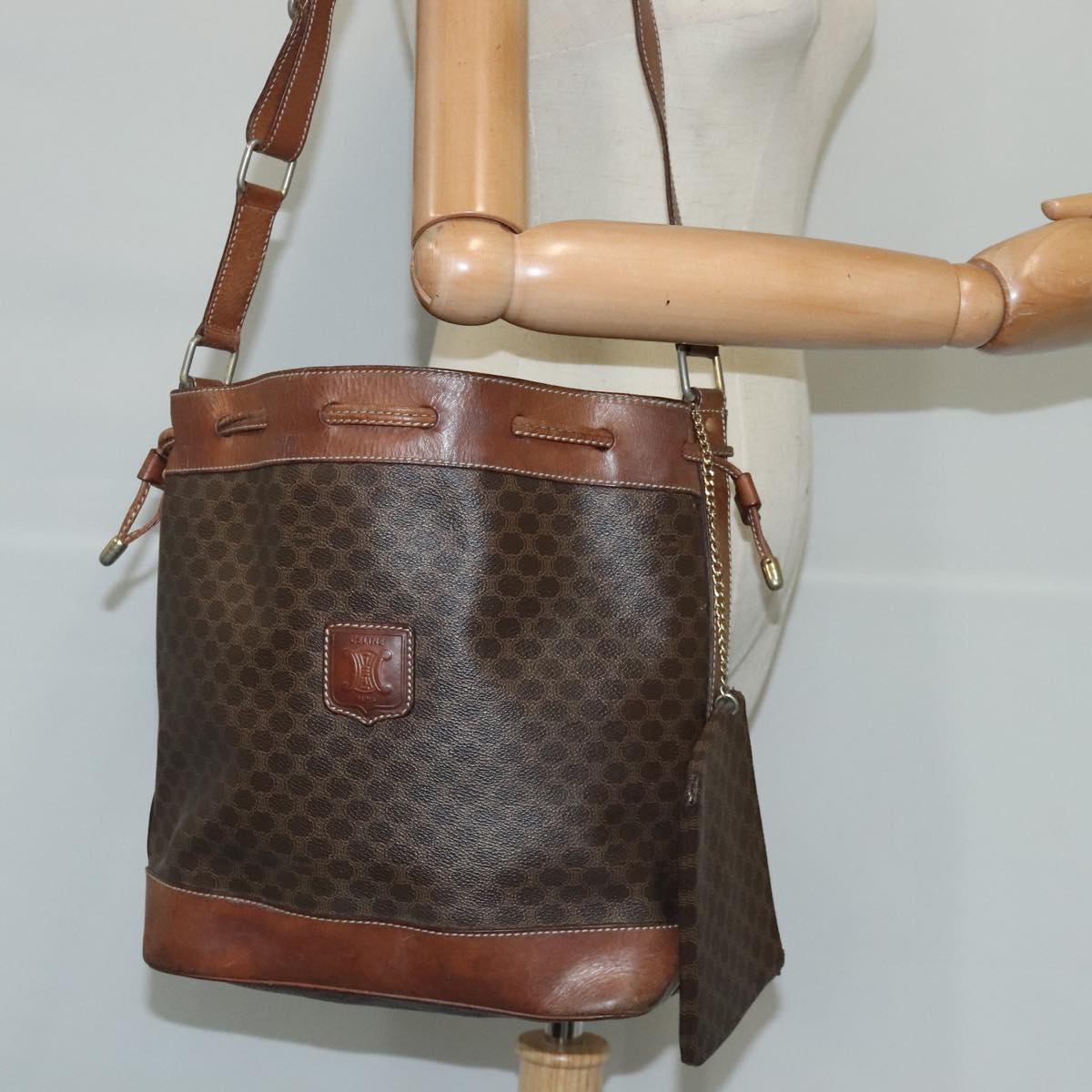 CELINE Macadam Canvas Shoulder Bag PVC Leather Brown Auth 102355