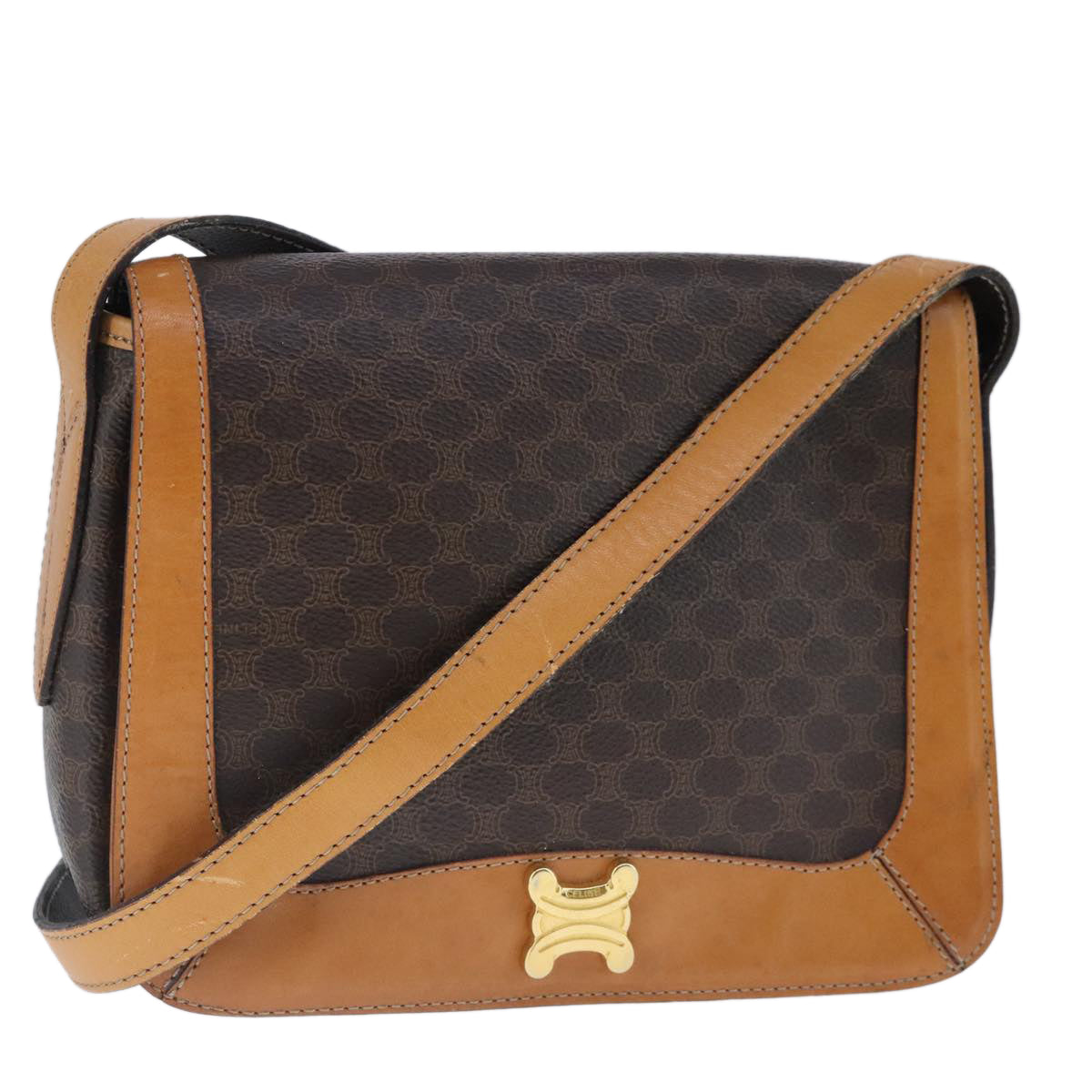 CELINE Macadam Canvas Shoulder Bag PVC Leather Brown Gold Auth 102371