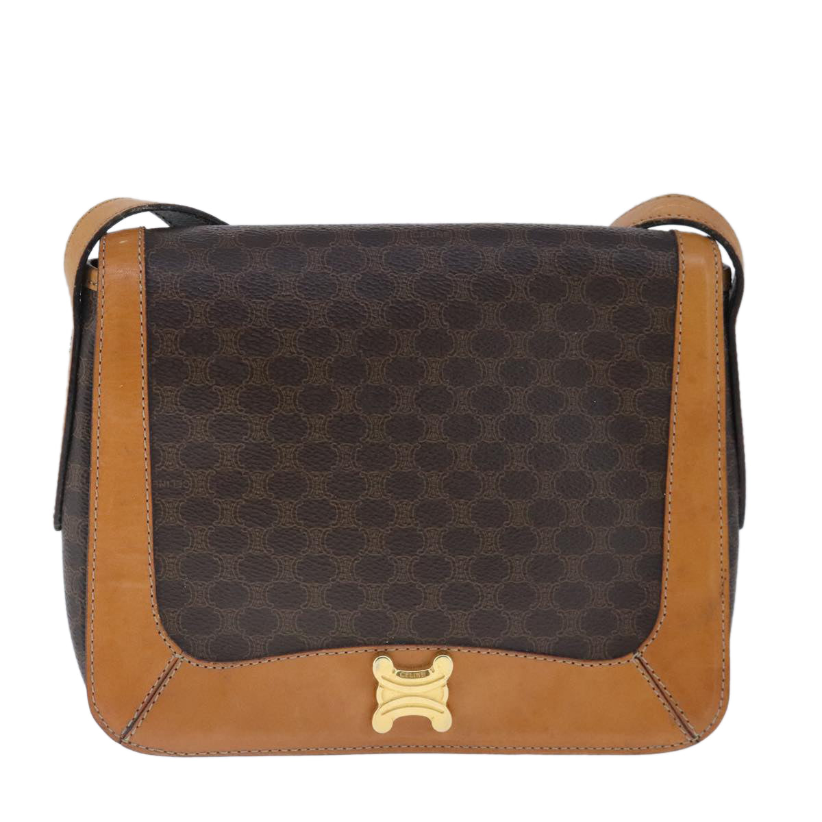 CELINE Macadam Canvas Shoulder Bag PVC Leather Brown Gold Auth 102371