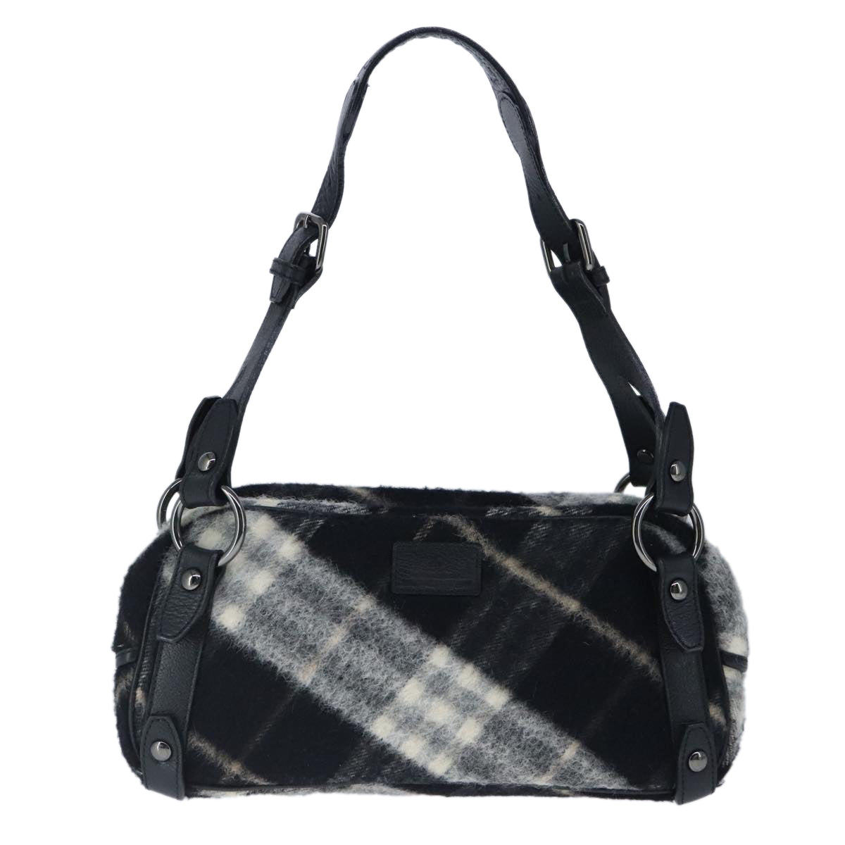 BURBERRY Nova Check Blue Label Shoulder Bag Wool Leather Black Auth 102387