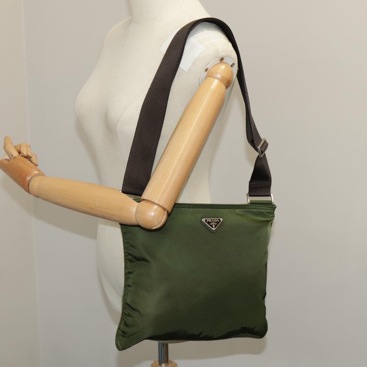 PRADA Shoulder Bag Nylon Khaki Silver Auth 102430