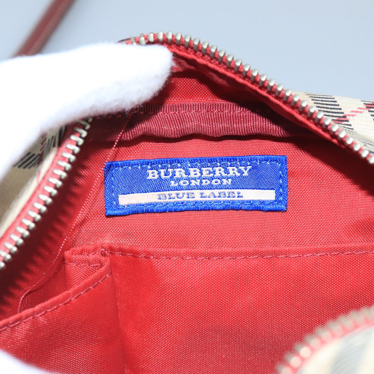 BURBERRY Nova Check Blue Label Shoulder Bag Nylon Beige Red Silver Auth 102455