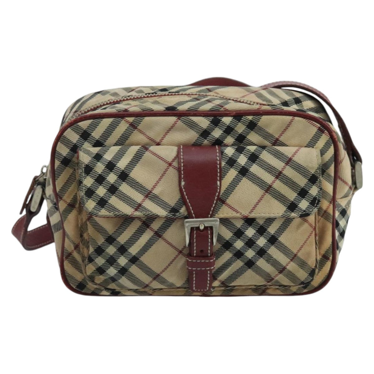 BURBERRY Nova Check Blue Label Shoulder Bag Nylon Beige Red Silver Auth 102455