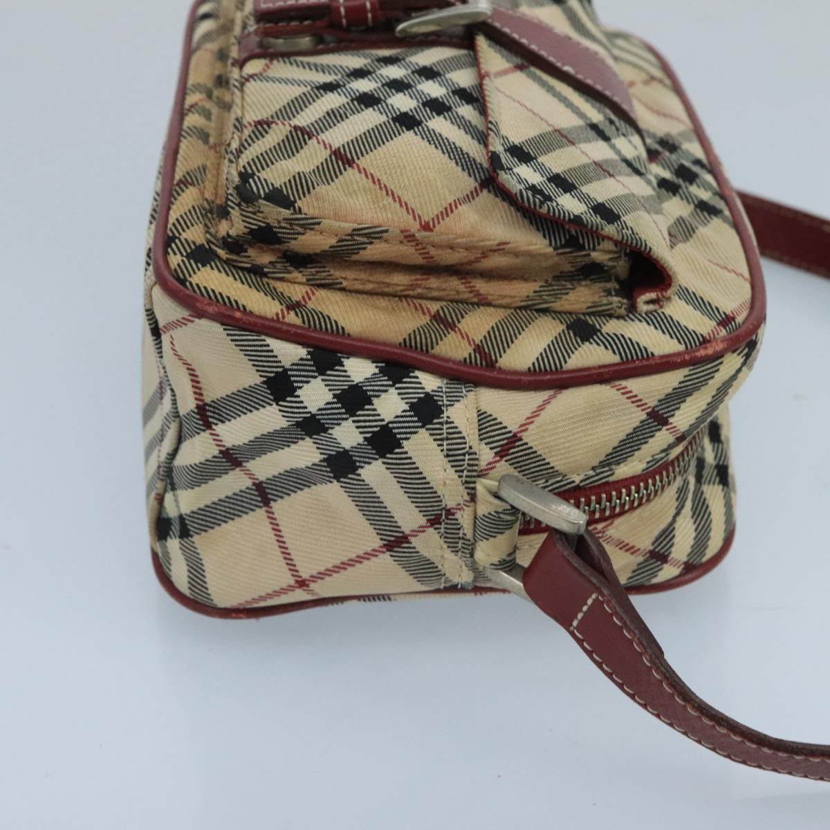 BURBERRY Nova Check Blue Label Shoulder Bag Nylon Beige Red Silver Auth 102455