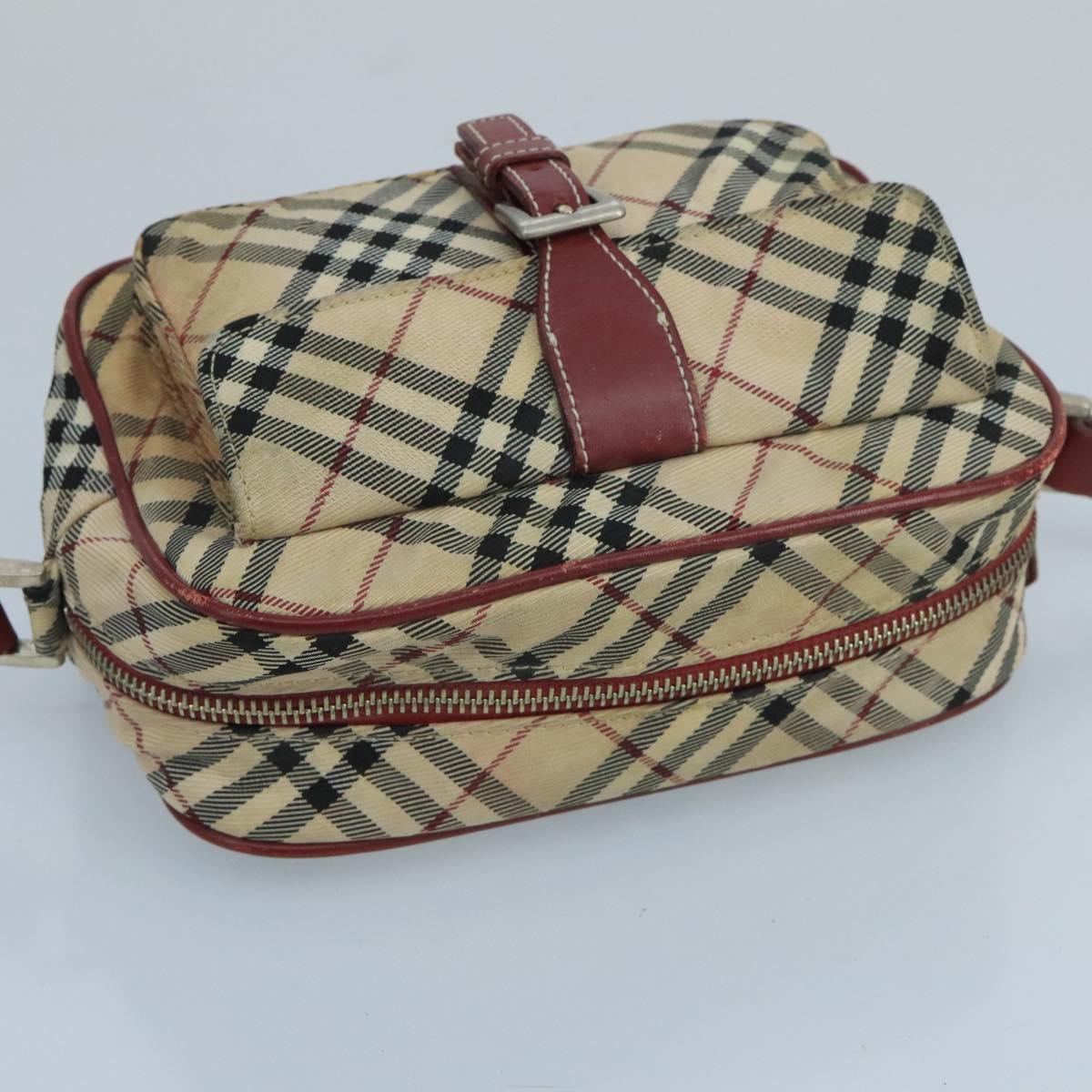 BURBERRY Nova Check Blue Label Shoulder Bag Nylon Beige Red Silver Auth 102455